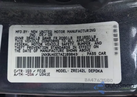 2010 Toyota Corolla Le from USA, damaged, VIN 1NXBU4EE7AZ189843